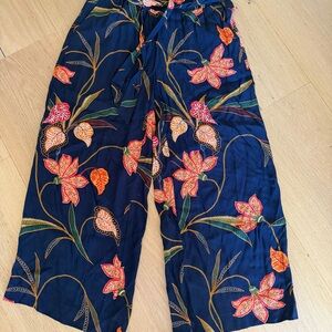 LOFT Navy Floral Wide-Leg Crop Pants with Orange & Green
